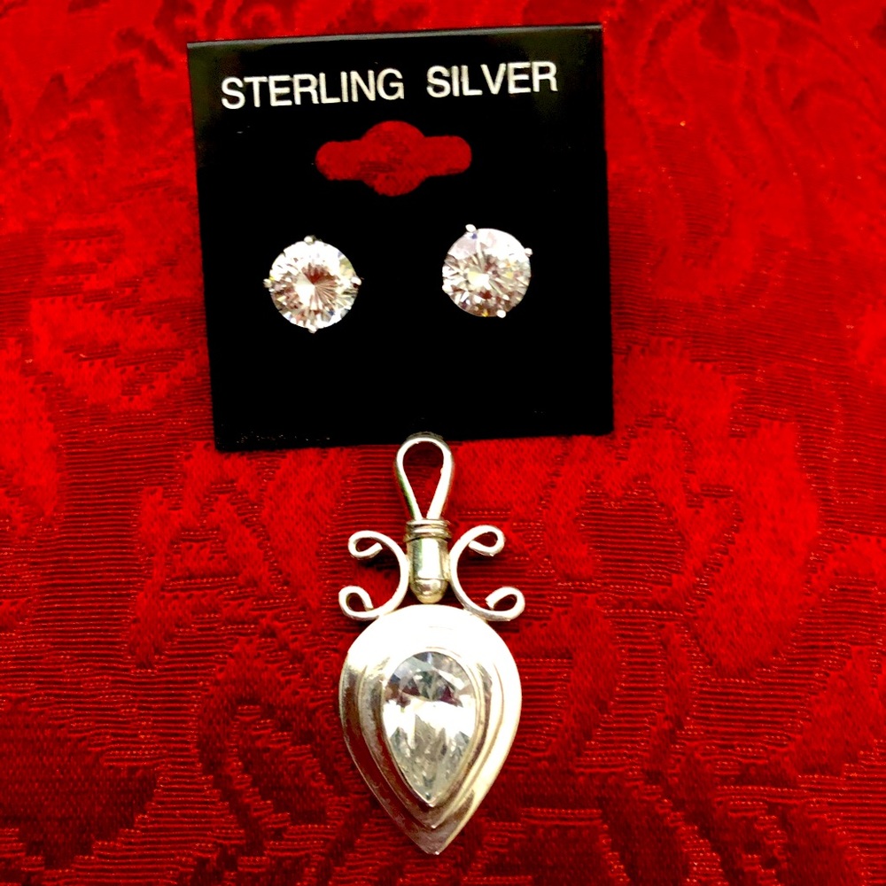 Genuine 925 Sterling Silver & CZ Pendant & Earrings Set